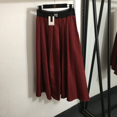 WA letter ribbon high waist pleated midi skirt