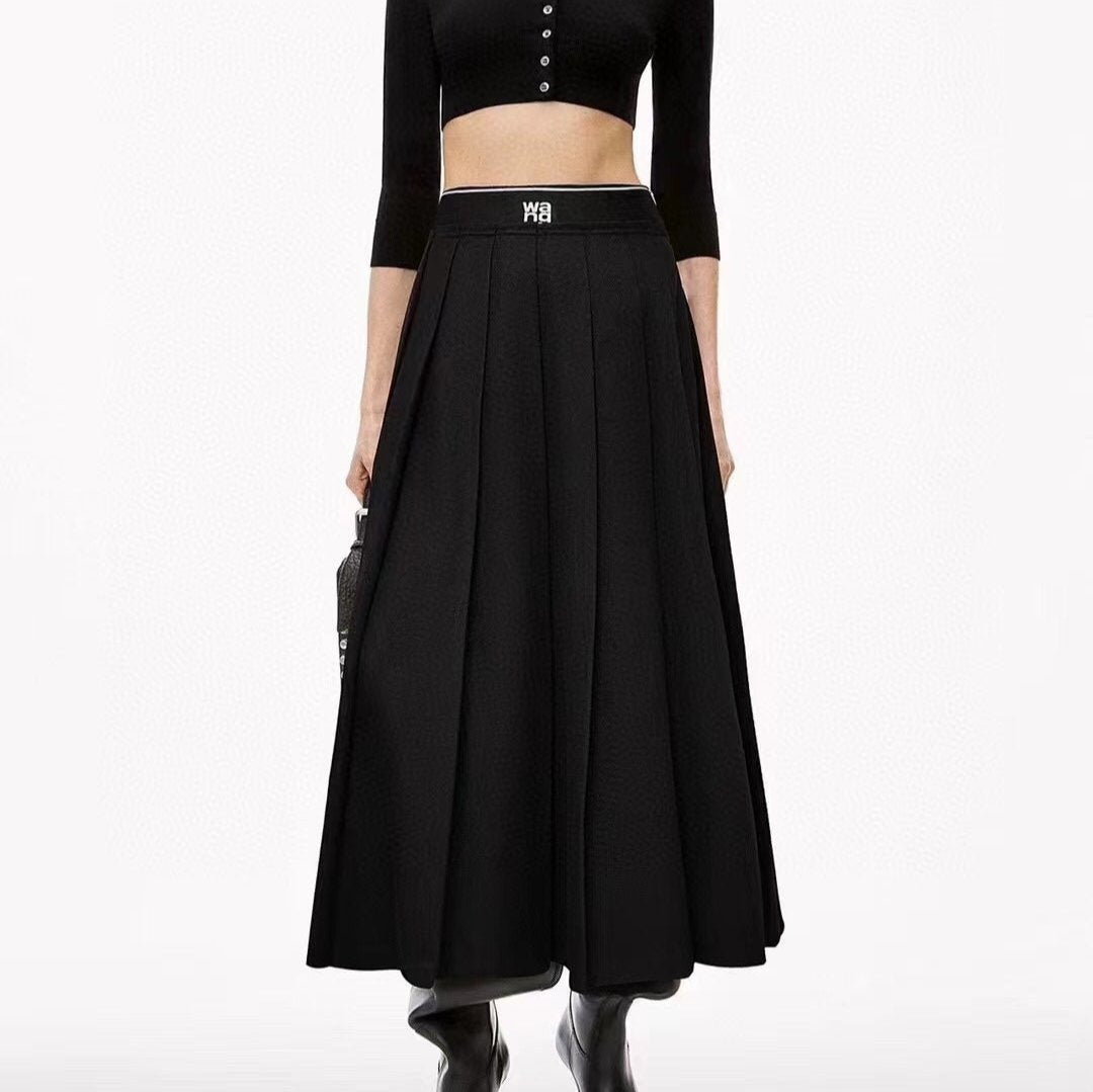 WA letter ribbon high waist pleated midi skirt