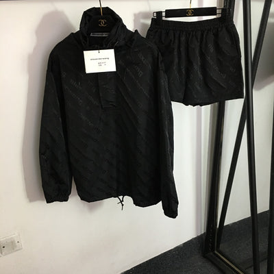 AW dark pattern jacquard letter zipper jacket + shorts sports suit