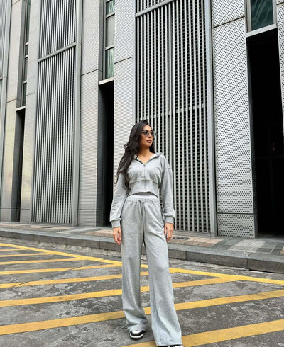 AW* Short Zipper Jacket + High Waist Wide Leg Pants