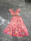 CAMILLA  Double V-neck ruffled back lace-up top + skirt set
