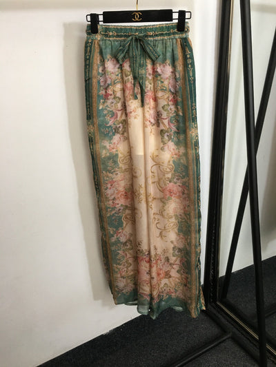 ZIM* Flower Print Short Sleeve Shirt + Drawstring High Waist Wide Leg Pants