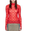 Moon print flocked flower mesh see-through long-sleeved bottoming shirt