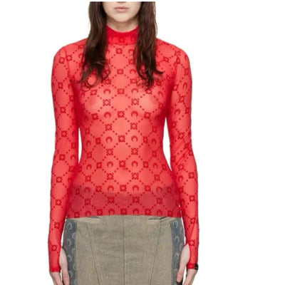 Moon print flocked flower mesh see-through long-sleeved bottoming shirt