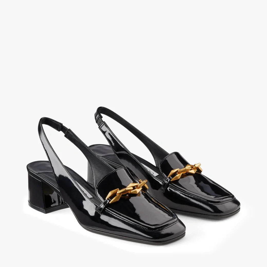 JC**    1: 1 VIP Soft patent leather chain-embellished slingback pumps