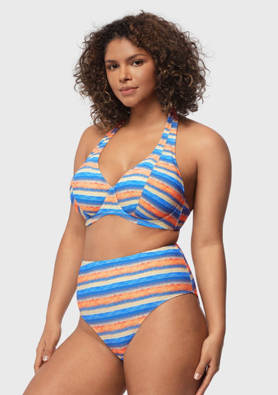 Multi Colored Striped Textured Halter Bikini Set