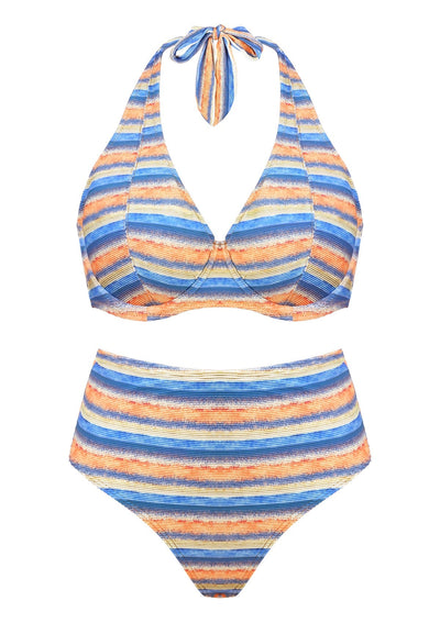 Multi Colored Striped Textured Halter Bikini Set