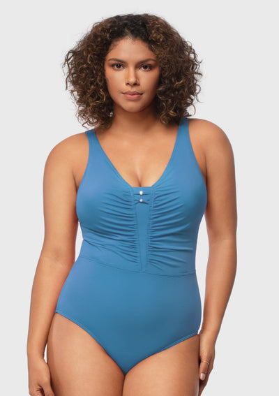 V-Neck Shirred One-Piece Swimwear