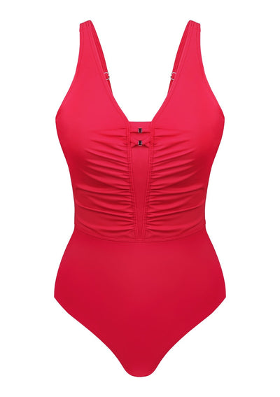 V-Neck Shirred One-Piece Swimwear