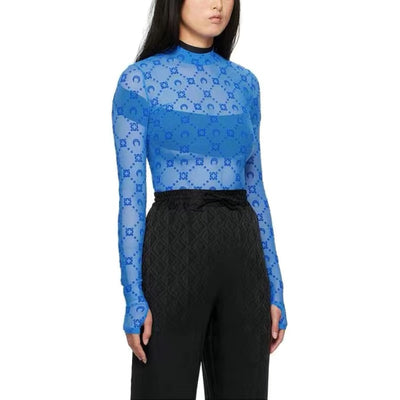 Moon print flocked flower mesh see-through long-sleeved bottoming shirt