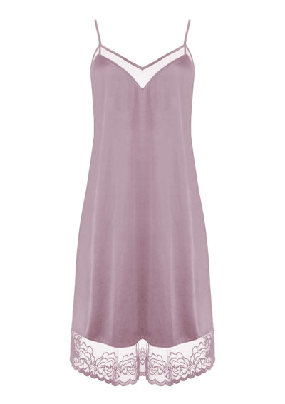 HSIA V-Neck Silky Chemise with Rose-Patterned Lace Trim
