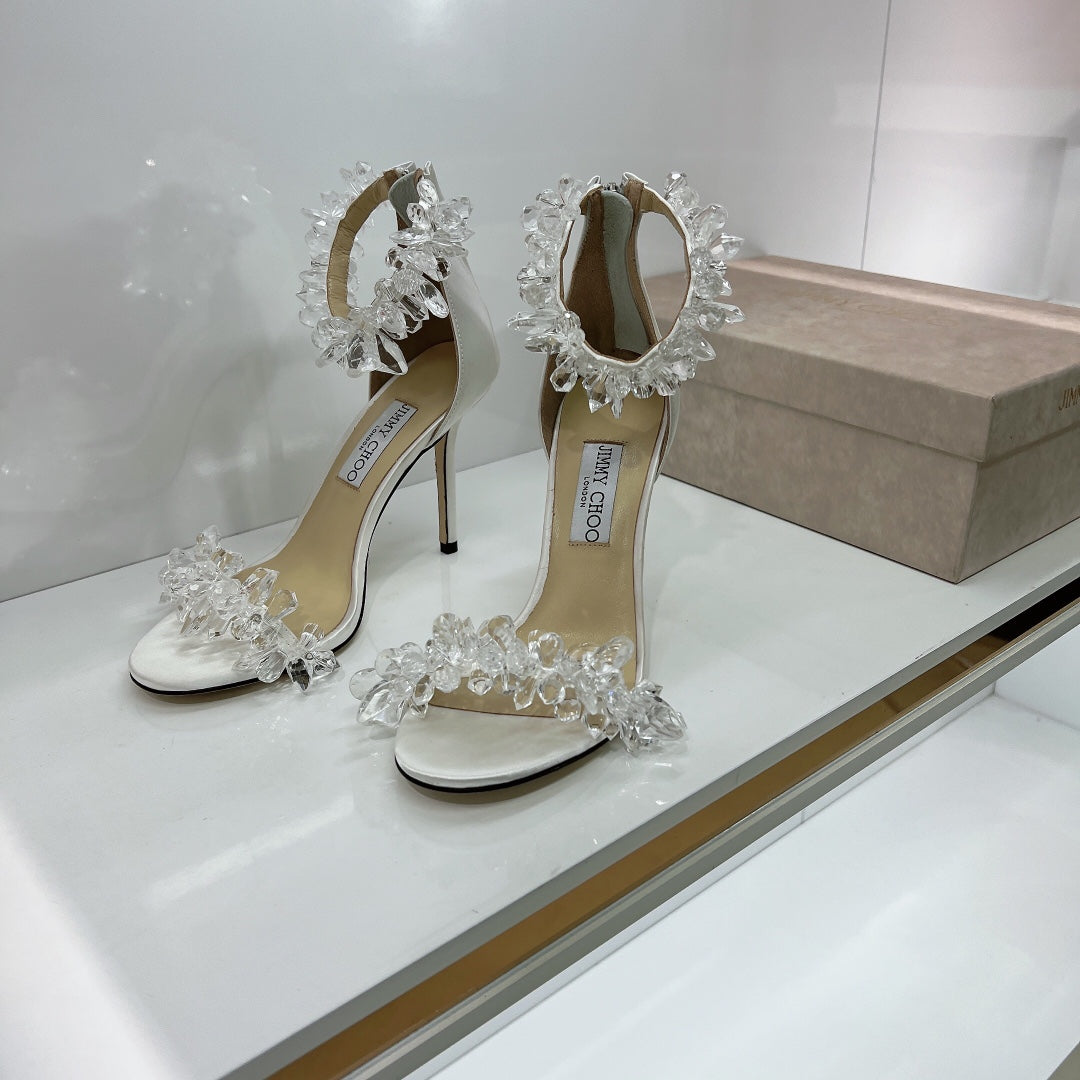 JC spring transparent crystal embellished silk satin jc high heel sandals