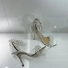 JC spring transparent crystal embellished silk satin jc high heel sandals