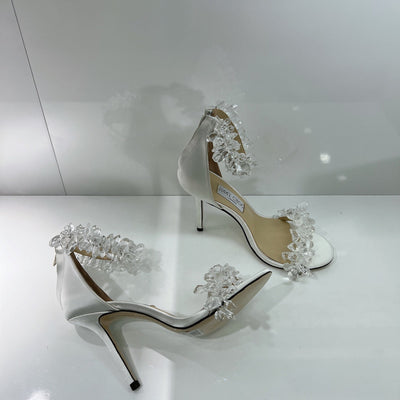 JC spring transparent crystal embellished silk satin jc high heel sandals