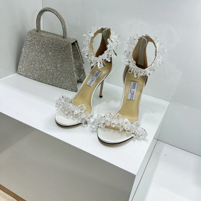JC spring transparent crystal embellished silk satin jc high heel sandals