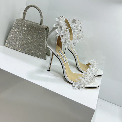 JC spring transparent crystal embellished silk satin jc high heel sandals
