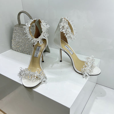JC spring transparent crystal embellished silk satin jc high heel sandals