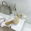 JC spring transparent crystal embellished silk satin jc high heel sandals