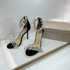 JC spring transparent crystal embellished silk satin jc high heel sandals