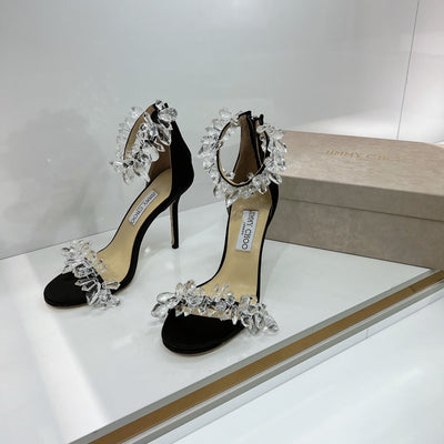 JC spring transparent crystal embellished silk satin jc high heel sandals