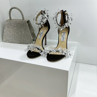 JC spring transparent crystal embellished silk satin jc high heel sandals
