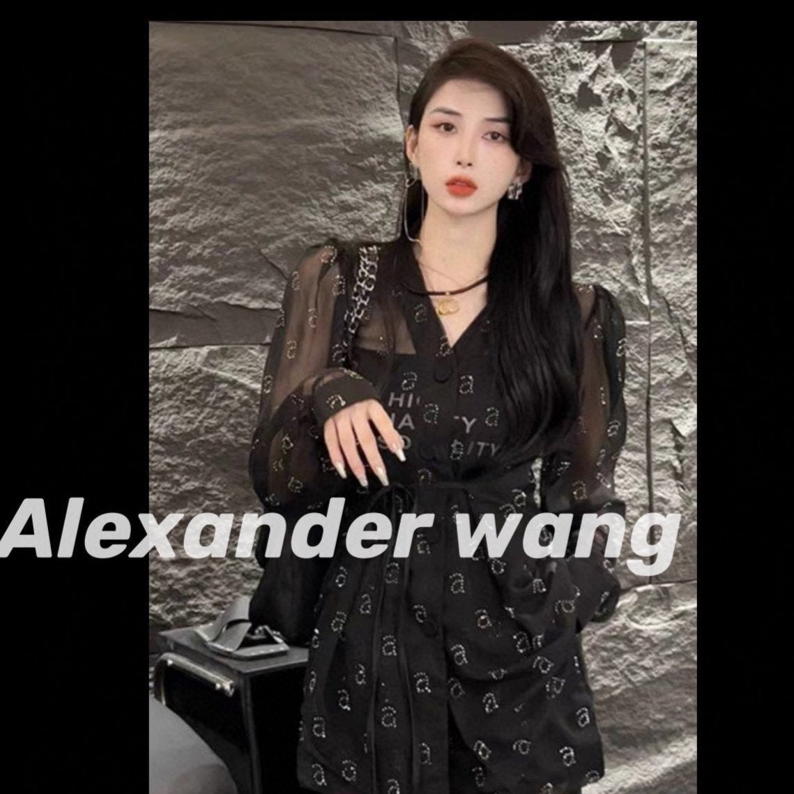 Alexander Wa** Black top + pants set(Stretchable waist)