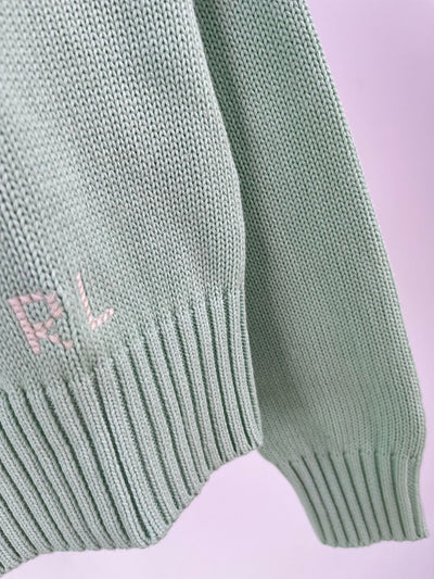 Ralph Laur** Bear Heavy Embroidery RL Round Neck Knit Pullover Top Porcelain Green